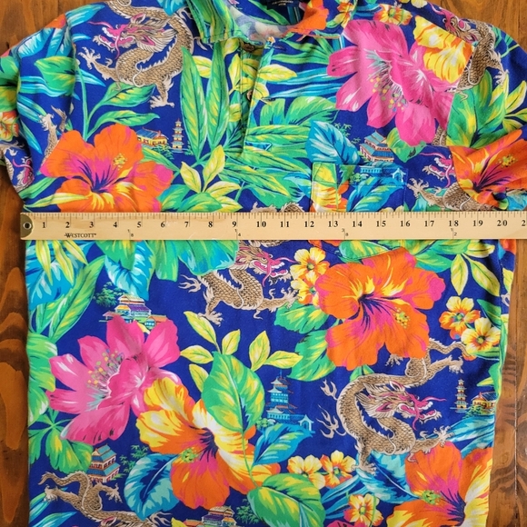 POLO RALPH LAUREN MEN SHIRT FEATHERWEIGHT MESH DRAGON HAWAIIAN BLUE ORANGE VTG L - Picture 6 of 8